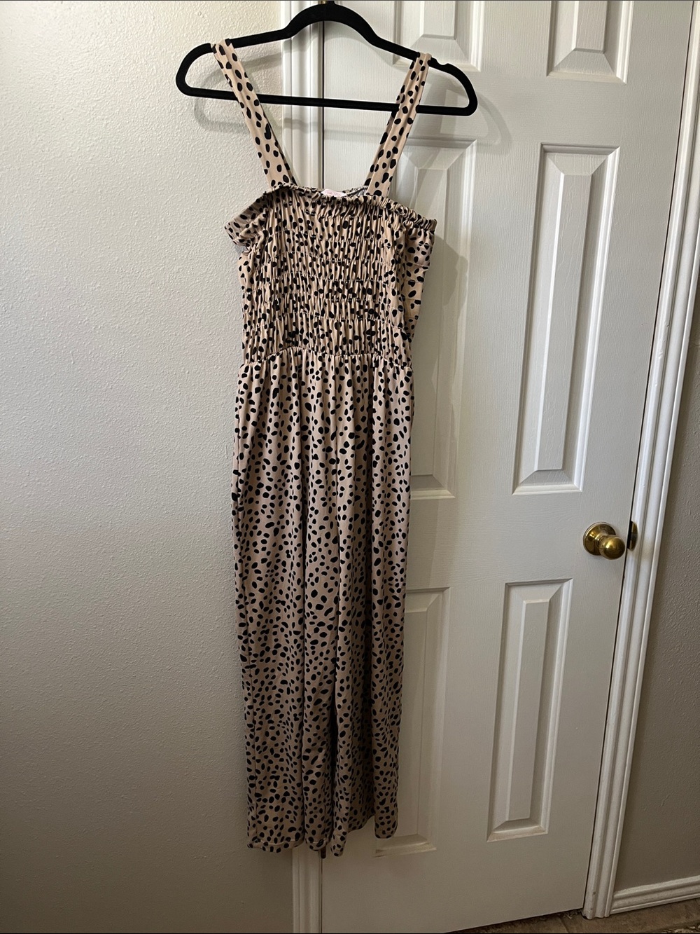 Pink Lily Beige and Black Polka Dot Smocked Jumpsuit